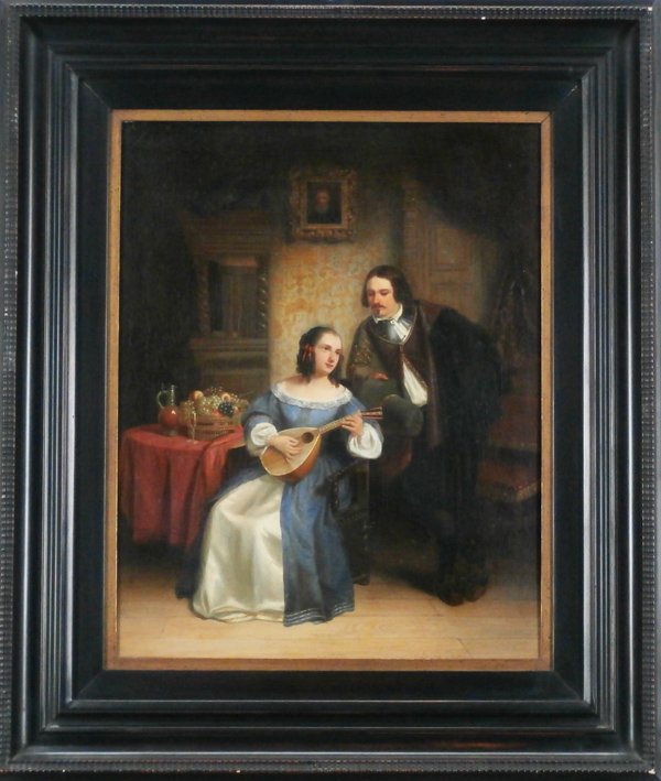 Continental School (18th/ 19th Century): WOMAN WITH MANDOLIN & HER SUITOR, oil painting on canvas, 21 ½ x 17 ¼”, framed, surface hazing and craquelure, otherwise in apparently good condition.
