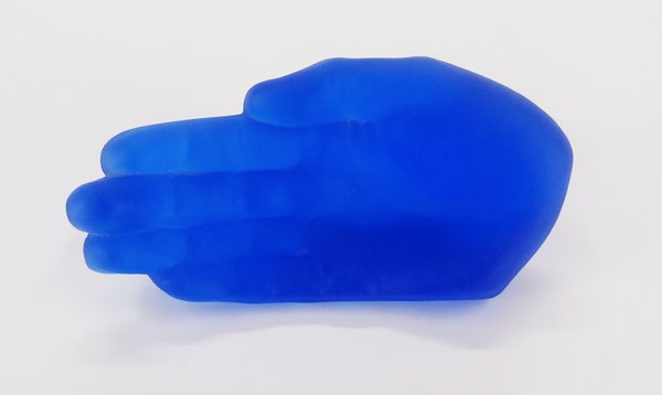 Glass: Daum: Cast blue hand, 3 ¼ x 1 ¾ x 1”, inscribed underneath.