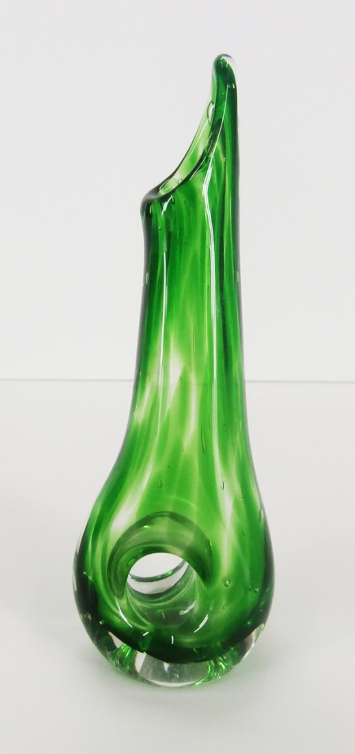 Glass: Jonathan Schmuck: Green bud vase, 1997, signed and dated underneath, 8” tall.