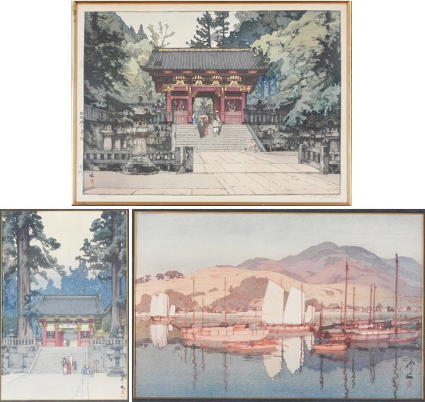 Japanese prints: Hiroshi Yoshida (1876-1950) Japanese: GOLD GATE, 1941, color woodblock print, signed in pencil lower right and stamped Gold Gate lower left, image 14 x 19 ¾”, full margins, mild toning and discoloration; TOSHOGU NIKKO, 1937, color wood