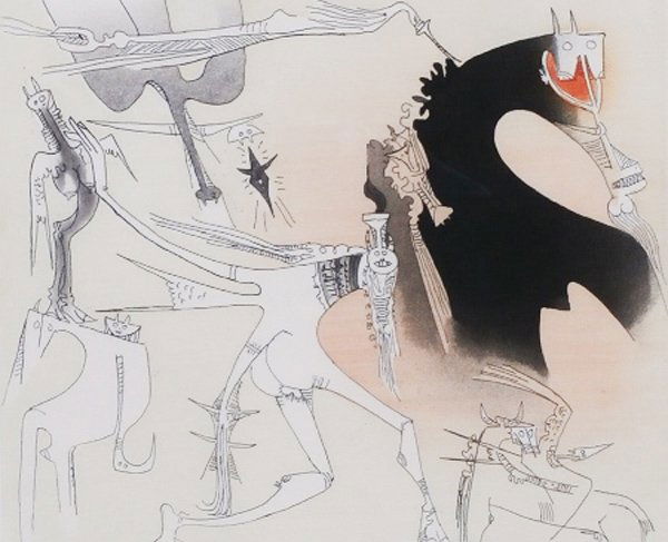 Wilfredo Lam (1902-1982) Cuban: UNTITLED, color etching, signed in pencil, hors commerce aside from numbered edition 99, plate 12 ¾ x 15 ¼”, full margins, framed.