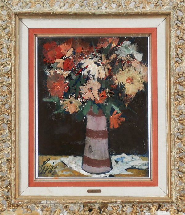 Charles Levier (1920-2003) French: LE POT DE FLEURS, oil painting on Masonite, signed lower left, 20 x 16”, framed, surface soiling, a few small scuff and scrapes, otherwise in good condition.