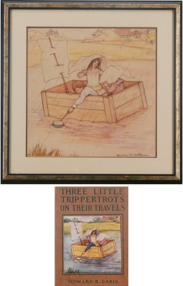 Griselda Marshall McClure (19th/ 20th Century) American: THREE LITTLE TRIPPERTROTS ON THEIR TRAVELS, watercolor and pencil on Steinbach board, image 12 x 12”, signed lower right, matted over perimeter of the image with associated glue residue there, sligh