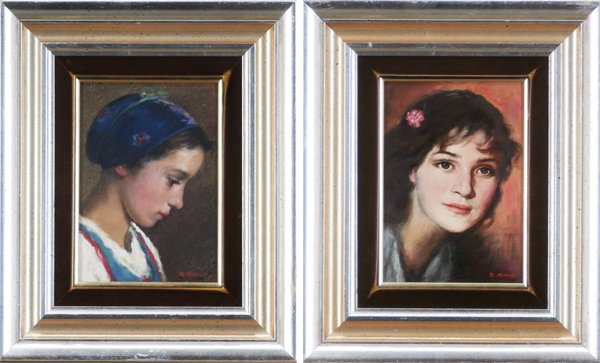 Rezes Molnar (19th/ 20th Century) (two): GIRL WEARING BLUE HAT; GIRL WITH FLOWER IN HER HAIR, two, each an oil painting on canvas, signed lower right, 7 ½ X 5 ½”, framed, the first with craquelure in the background, otherwise in good stu