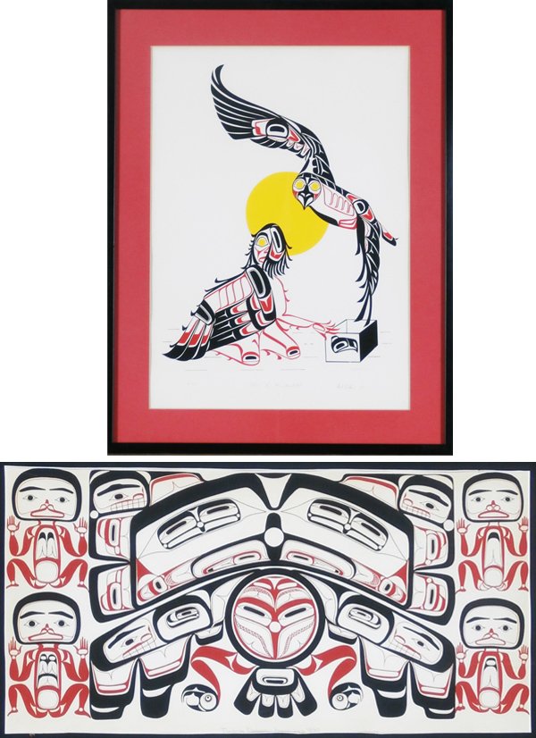 North West Coast artists (two): ORIGIN OF THE THUNDERBIRD, 1982, color lithograph, signed in pencil “Art Bolton”, from the numbered edition 150, image 16 x 12”, full margins, framed with glass, some mild toning; Together with 