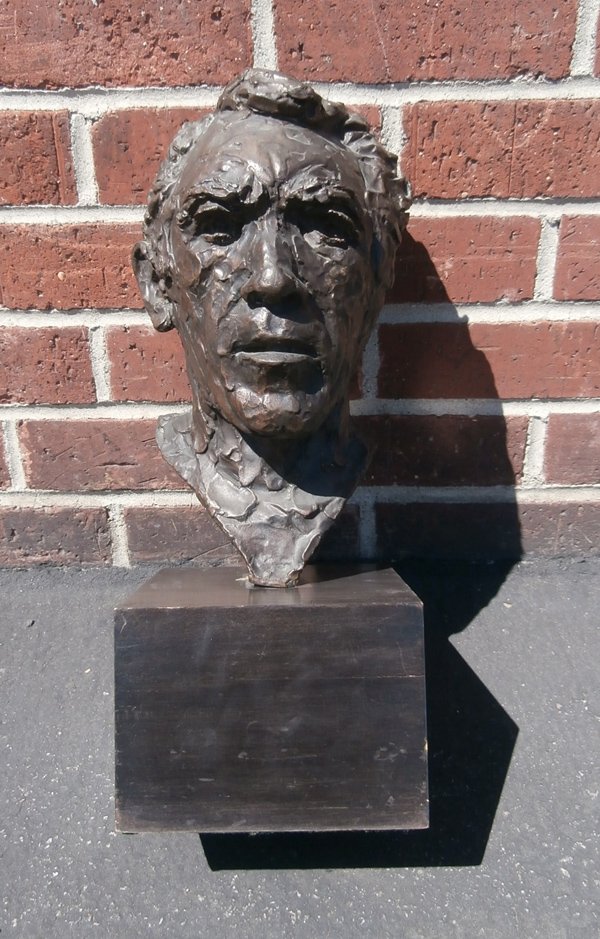 Anthony Quinn (1915-2001) Mexican/ American: SELF-PORTRAIT, cast bronze sculpture with dark brown patina, 16 x 8 x 8”, with 5 ½” wood base, in very good studio condition.