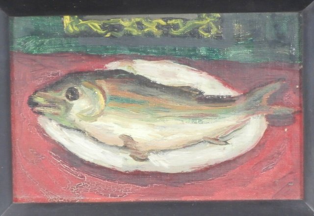 Anthony Quinn (1915-2001) Mexican/ American: FISH; SAILING, two oil paintings on canvas board, Sailing signed lower right, each 4 x 6”, framed, Sailing with surface soiling and antique styling?, otherwise both in good studio condition. (2)