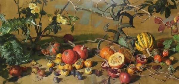 Jeffrey Ripple (b.1962) American: STILL LIFE WITH POMEGRANATES & PUMPKINS, 2009, oil painting on two joined panels, signed and dated lower right, overall 30 x 60”, in gold-leaf frame, in very good studio condition. This is large sup