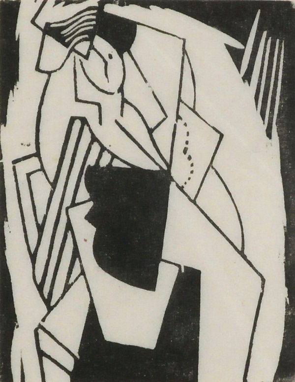Gino Severini (1883-1966) Italian: FEMME ASSISE AVEC CHAPEAU, 1916, linoleum cut print on the Japan paper, signed and dated 1917 in pencil lower right, a proof inscribed to Madam Rapapart aside from the numbered edition of 15, image 4