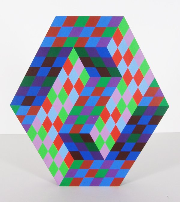 Victor Vasarely (1908-1997) Hungarian: UNTITLED, color screen printed wood sculpture, signed in ink (diminished), from the numbered edition of 100, overall 16 ½ x 15 x 2”, with a few small chips, otherwise in good condition with vibrant