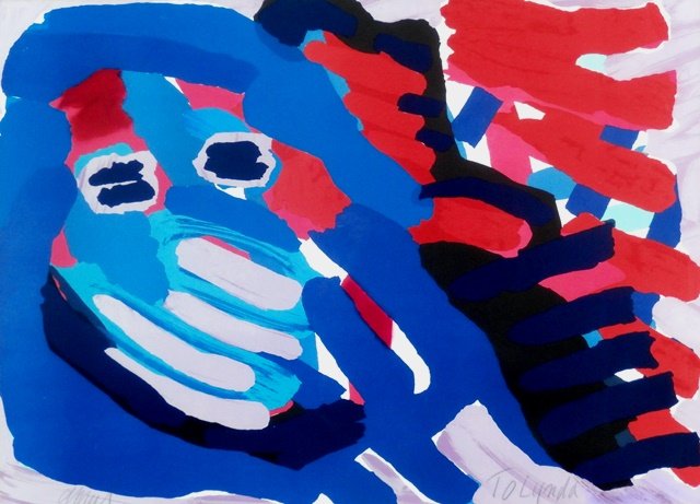 Karel Appel (1921-2006) Dutch: FACES, color lithograph, signed in pencil lower left and inscribed lower right, sight 21 x 29”, framed with glass, in apparently good condition.