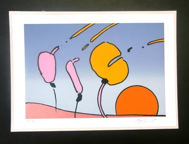 Peter Max (b. 1937) German/ American: LANDSCAPE, color screenprint with printed white boarder, signed in pencil, and inscribed hors commerce Roman numeral 3 in the printed boarder, image including boarder 10 ½ x 14 ½”, with small unev