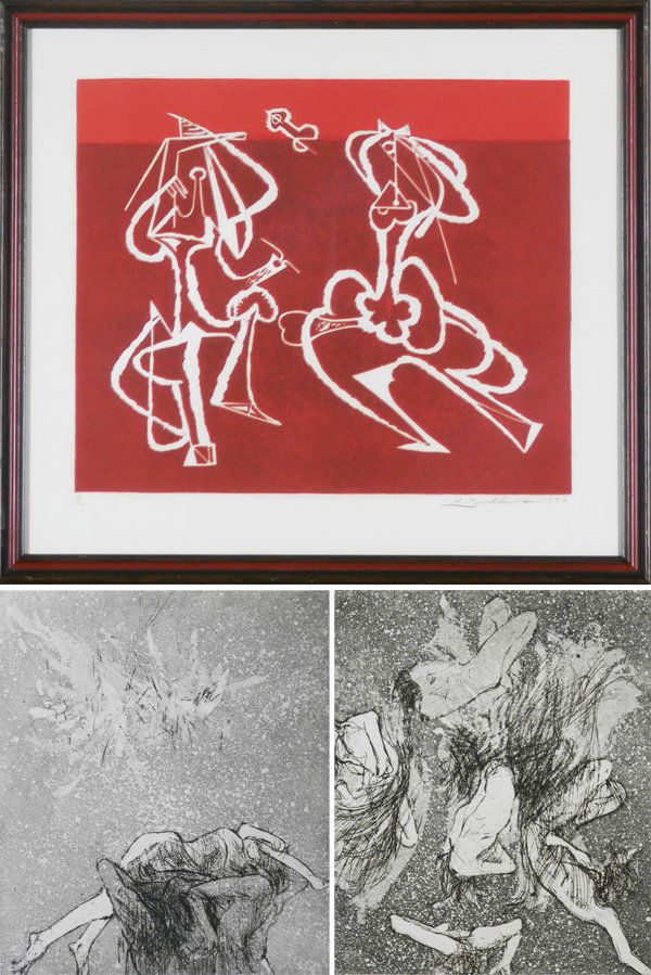 Hans Burkhardt (1904-1994) & Jack Zajac (b. 1929): Hans Burkhardt, UNTITLED, 1976, linoleum block print, signed in pencil, from the numbered edition 10, image 15 x 18”, full margins, framed with glass, soft handling crease upper right margin, natura