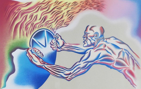 Judy Chicago (b. 1939) American: DRIVING THE WORLD OF DESTRUCTION, 1988, color screenprint, signed in pencil, from the numbered edition 50, image 20 ½ x 32”, full margins, framed with glass, in apparently good condition.