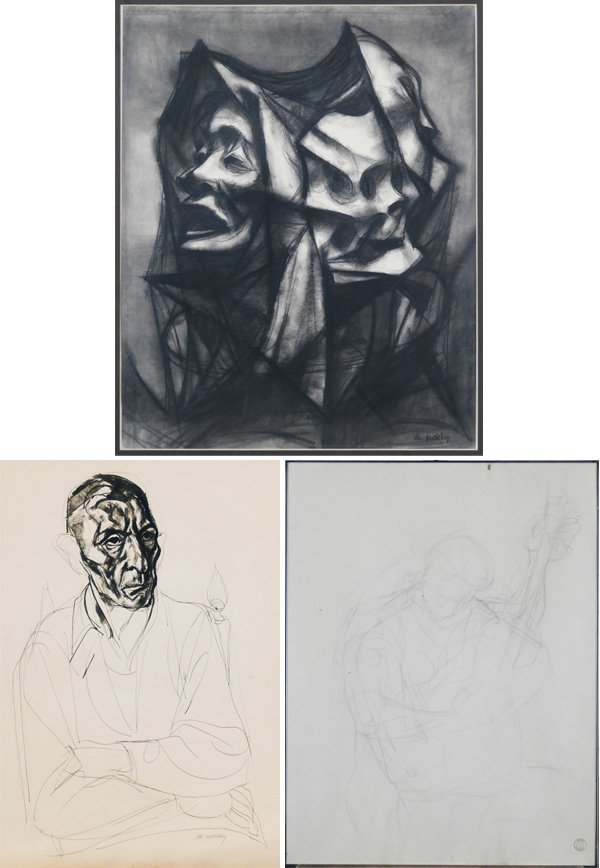 Francis De Erdely (1904-1959) Hungarian/ American: FACES, charcoal drawing on paper, signed lower right, sight 23 x 18 ¼”, in apparently good condition; SEATED MAN, ink drawing on paper, signed lower right, 24 x 18”, some toning and discoloration