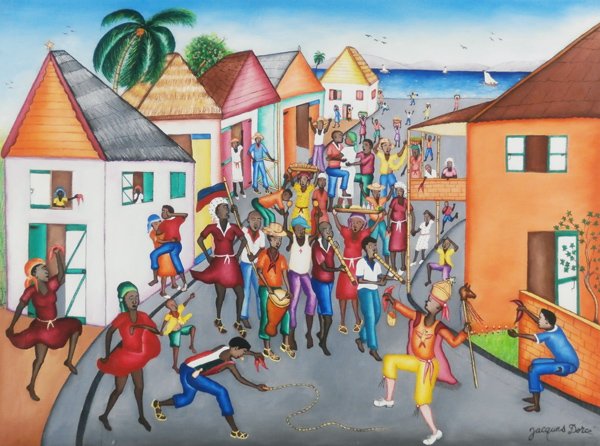 Jacques Dorce (20th Century) Haitian: STREET FESTIVAL, watercolor on paper, signed lower right, 22 ½ x 30”, framed, slipped off hinges, otherwise in good studio condition.