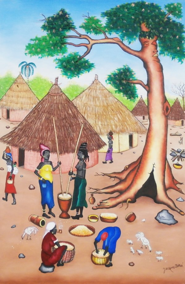 Jacques Dorce (20th Century) Haitian: PREPARING A MEAL, oil painting on canvas, signed lower right, 36 x 24”, a few scuffs around the edges, otherwise in good studio condition.