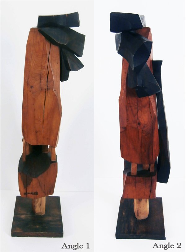 Erik Gronborg (b. 1931) Californian: UNTITLED, wood sculpture, signed, 50” tall including base, natural stress cracks, a few little surface nicks and scuffs, otherwise in good studio condition. Provenance: Acquired directly from the ar