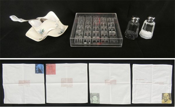 Robert Lazzarini (b. 1965) American & other Norton: Robert Lazzarini, TEACUP, 2003, porcelain cup and saucer and metal spoon, with artist’s intentional chips, hallmarked underneath, 4 x 7 x 6”, comes with informational booklet; May Sun, FOUR NAPKIN