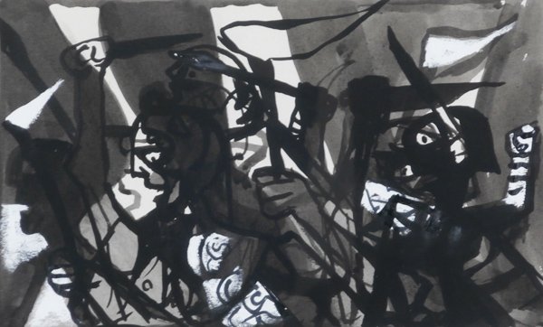 Rico Lebrun (1900-1964) Californian: UNTITLED BATTLE SCENE, 1950, ink and wash on paper, signed and dated lower left, image 7 ½ x 12 ½”, with full margins, partial Los Angeles Museum label on verso, framed with glass, in apparently g