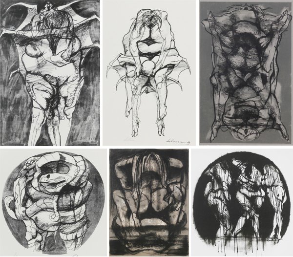 Rico Lebrun (1900-1964) Californian: DRAWINGS FOR DANTE’S INFERNO, 1963, loose-leaf portfolio with seven lithographs, each signed in pencil, sheets 17 x 12 ¾”, with illustrated text, artist’s proof aside from the edition of 100, K