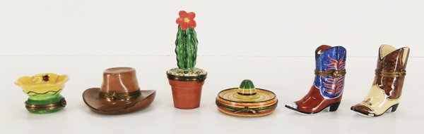 Limoges Boxes (six): COUNTRY & WESTERN, six Limoges painted porcelain boxes, each hallmarked, sizes from 2 ½” tall to 1 ¼” tall. (6)