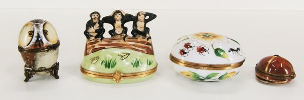 Limoges Boxes (four): HEAR NO EVIL SEE NO EVIL SPEAK NO EVIL; OWL, JOCKEY’S HAT; LADYBUG, four larger Limoges painted porcelain boxes, each hallmarked, sizes from 4” to 1 ¾” tall. (4)