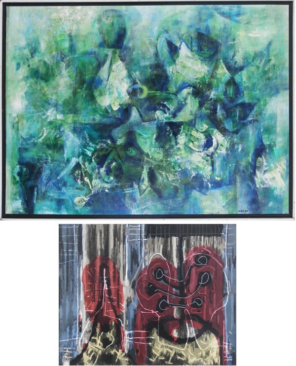 Guy McCoy (1904-1981) Californian (two): UNTITLED, oil painting on canvas, signed lower right, 39 ½ x 53”, framed, very minor surface soiling, otherwise in good studio condition; KING & QUEEN, 1971, color screenprint, signed in pencil, fr