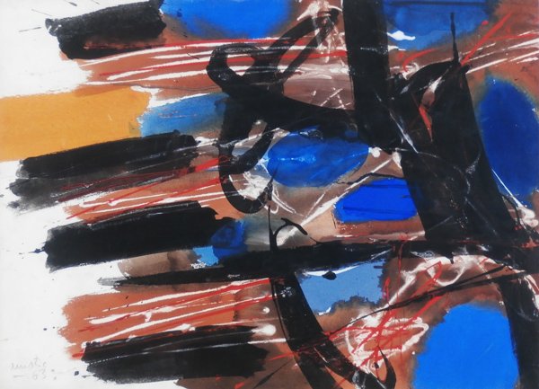 Edo Mertic(1921-2004) Yugoslavian: ABSTRACT, 1963, acrylic painting on paper, signed and dated lower right, 21 ½ x 29 ½”, framed, surface smudges, otherwise in apparently good studio condition.