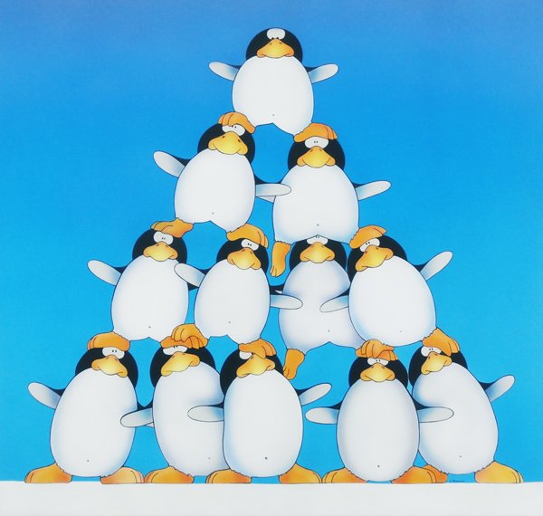 Stuart Moskowitz (20th/ 21st Century) Californian: PENGUINS CORPORATE STRUCTURE, acrylic airbrush painting on canvas, signed lower right, 44 ½ x 46 ¼”, very faint wear at some points of edges, otherwise in good studio condition.