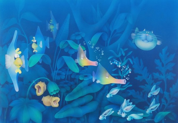 Stuart Moskowitz (20th/ 21st Century) Californian: AQUARIUM, 1975, acrylic airbrush painting on canvas, signed and dated lower right, 46 x 32”, very faint wear at some points of edges, otherwise in good studio condition.