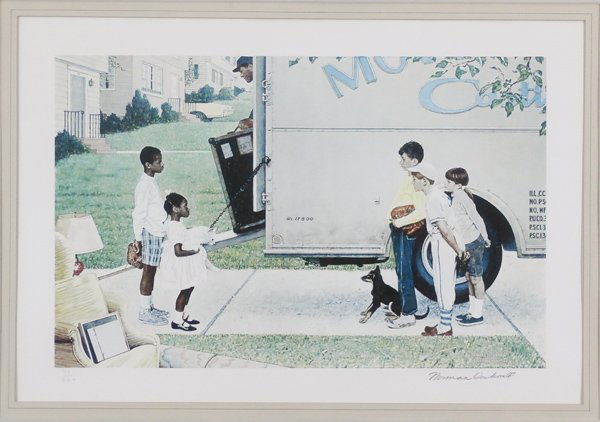 Norman Rockwell (1894-1978) American: MOVING DAY, color collotype, signed in pencil, from the numbered edition 200, image 14 ½ x 23”, full margins, with Circle Gallery blind stamp, framed with glass, in apparently good condition.