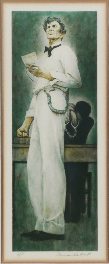 Norman Rockwell (1894-1978) American: ABRAHAM LINCOLN, color lithograph, signed in pencil, one of sixty artist’s proof aside from the numbered edition 200, image 22 x 8”, full sheet 25 x 19 1/2", with Circle Gallery blind stamp, disca