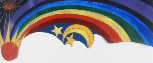 Betye Saar (b. 1926) Californian: RAINBOW MOJO, acrylic painting on cut leather, 19 ¾ x 49 ¾”, some cracks and small edge tears with some associated small losses, otherwise in apparently good studio condition.