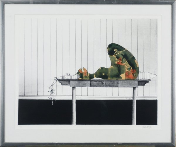 Paul Wunderlich (1927-2010) German: FIGURE ON A TABLE, 1968, color lithograph, signed in pencil, from the numbered edition 75, image 19 ½ x 25 ½”, full margins, framed with glass, possibly some pale toning, otherwise in apparently g