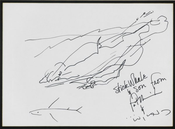 Robert Wyland (b. 1956) American: STICK-WHALE & SON, ink drawing on paper, sight 10 x 13 ½”, framed with glass, in apparently good condition.