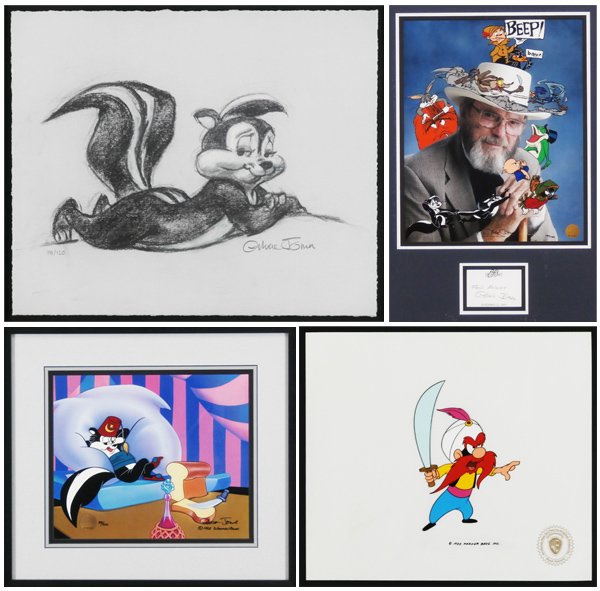 Animation Art: Chuck Jones/Warner Brothers (3) & Fritz: Chuck Jones, PEPE LE PEW, giclee, signed in pencil, from the numbered edition 120, sheet 10 ¼ x 12 ¼”; PEPE LE PEW, 1998, Warner Brothers Special Edition original line image animation cel with col