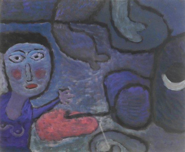 Eugene Brands (1913-2002) Netherlands: UNTITLED WOMAN IN PURPLE, gouache on paper, signed lower right, sight 14 ¼ x 17 ¼”, framed with glass, in apparently good studio condition.