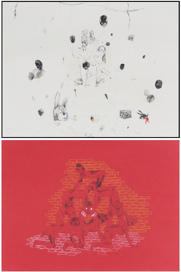 John Copeland (20th/ 21st Century) American: YOU’RE A NICE GUY AND I HATE YOU FOR THAT, 2008; WHAT’S IT LIKE AT THE TOP?, 2007, two pencil drawings with color pastel on paper, one with watercolor, both signed dated and titled on verso, 22 x