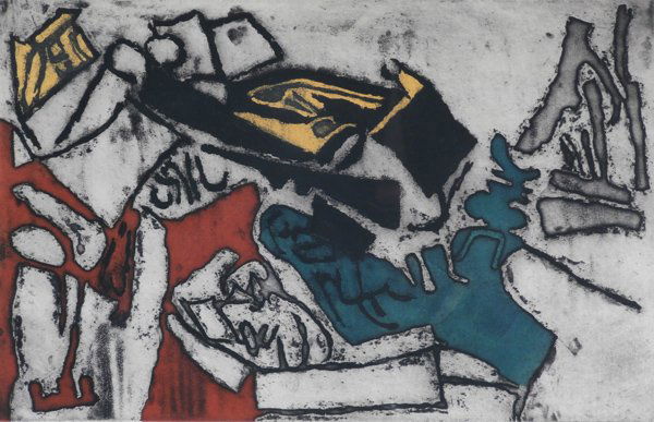 Leonard Edmondson (1916-2002) Californian: BURIAL MOUND, color etching, signed in pencil, from the numbered edition 210, plate 11 ½ x 17 ¾”, full margins, framed with glass, some mild toning, otherwise in apparently good condition.