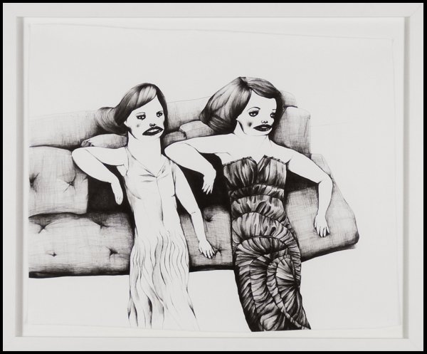 Erica Eyres (b. 1980) Canadian: TWO WOMEN ON A COUCH, ink drawing on paper, 27 x 32 ½”, framed with glass, in apparently good studio condition.