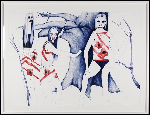 Erica Eyres (b. 1980) Canadian: THREE WOMEN AT ROCKS, ink drawing on paper, 43 x 58”, framed, in apparently good studio condition.