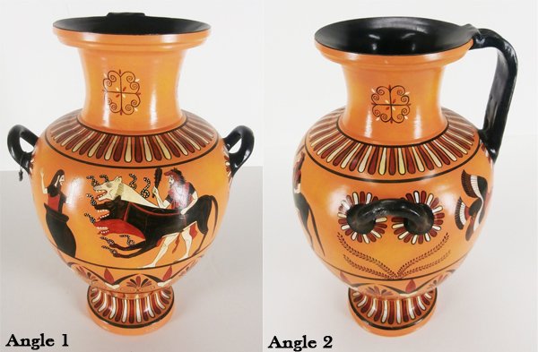 Greek ceramic: Hand painted ceramic based on 530 B.C. amphora, inscribed “Hand made in Greece” underneath, 17” tall, in good condition.