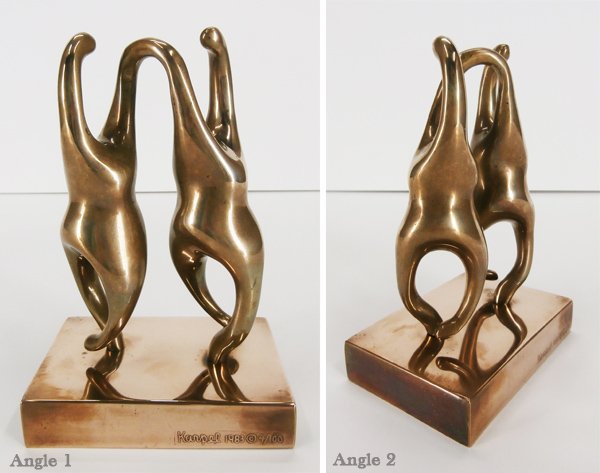 Eli Karpel (1916-1998) American: DANCING COUPLE, 1983, cast bronze sculpture, from the edition 100, signed and dated, 8 x 5 x 3 ½” including welded bronze base, minor tarnishing and speckling, otherwise in good studio condition.
