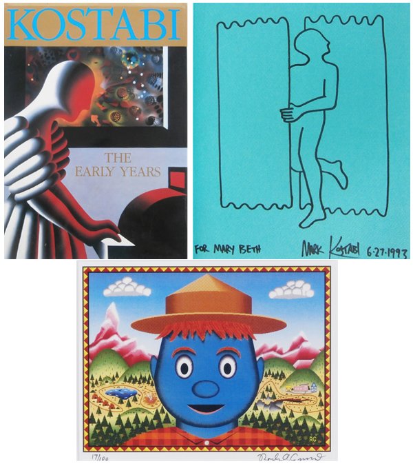 Marc Kostabi (b. 1960) & Rodney Greenbladt (b. 1960): MARK KOSTABI: THE EARLY YEARS, 1990, Chattington, a hand signed very large hardbound book with drawing by Kostabi on inside cover and signed and dated and dedicated in ink, published by Vanity Press, 