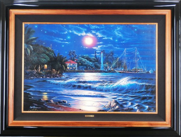 Christian Lassen (b. 1949) Californian/ Hawaiian: LAHAINA NIGHT I, color texture print on canvas with some handwork, signed in ink, from the numbered edition 150 artist’s proofs, size 38 x 25”, framed in original Koa wood with additional black la