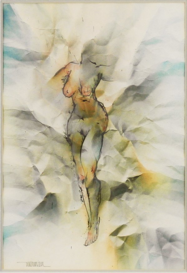 Leonardo Nierman (b. 1932) Mexican: NUDE, watercolor and gouache on artist’s manipulated paper, signed lower left, 17 x 11 ½”, framed, in very good studio condition. Provenance: Red Fern Gallery.