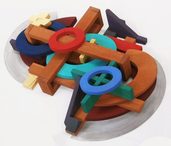 John Okulick (b. 1947) Californian: UNTITLED, multi-layered painted wood and metal construction, 57 x 45 x 7 ½”, a few surface scuffs and scrapes, a small repaired tip, otherwise in good studio condition.