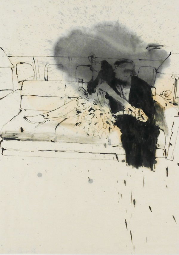 David Ostrowski (b. 1981) Germany: MAN FEEDING WOMAN A CHERRY ON A LEAR JET, 2007, oil painting on linen, signed on verso, sight 38 x 26 ½”, framed with glass, in apparently good studio condition.