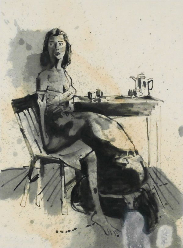 David Ostrowski (b. 1981) Germany: WOMAN WITH MAN AT TABLE, 2007, oil painting on linen, signed on verso, sight 31 x 23”, framed with glass, in apparently good studio condition.